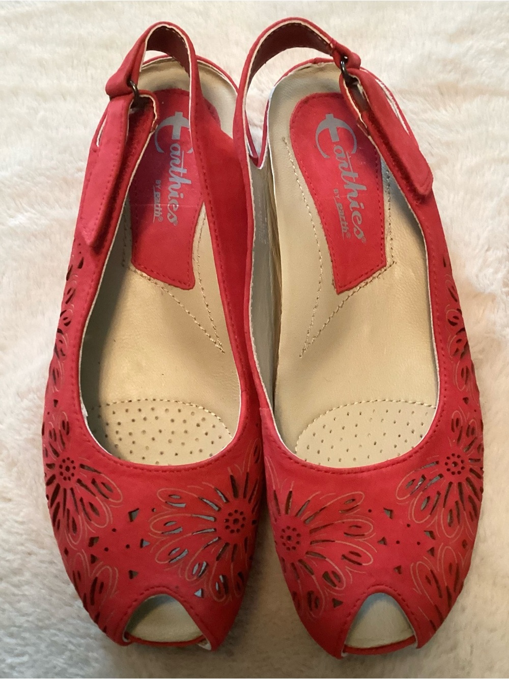 Earthies Milos Bright Red Laser-Cut Peep-Toe Slingback Flats - Size 6.5